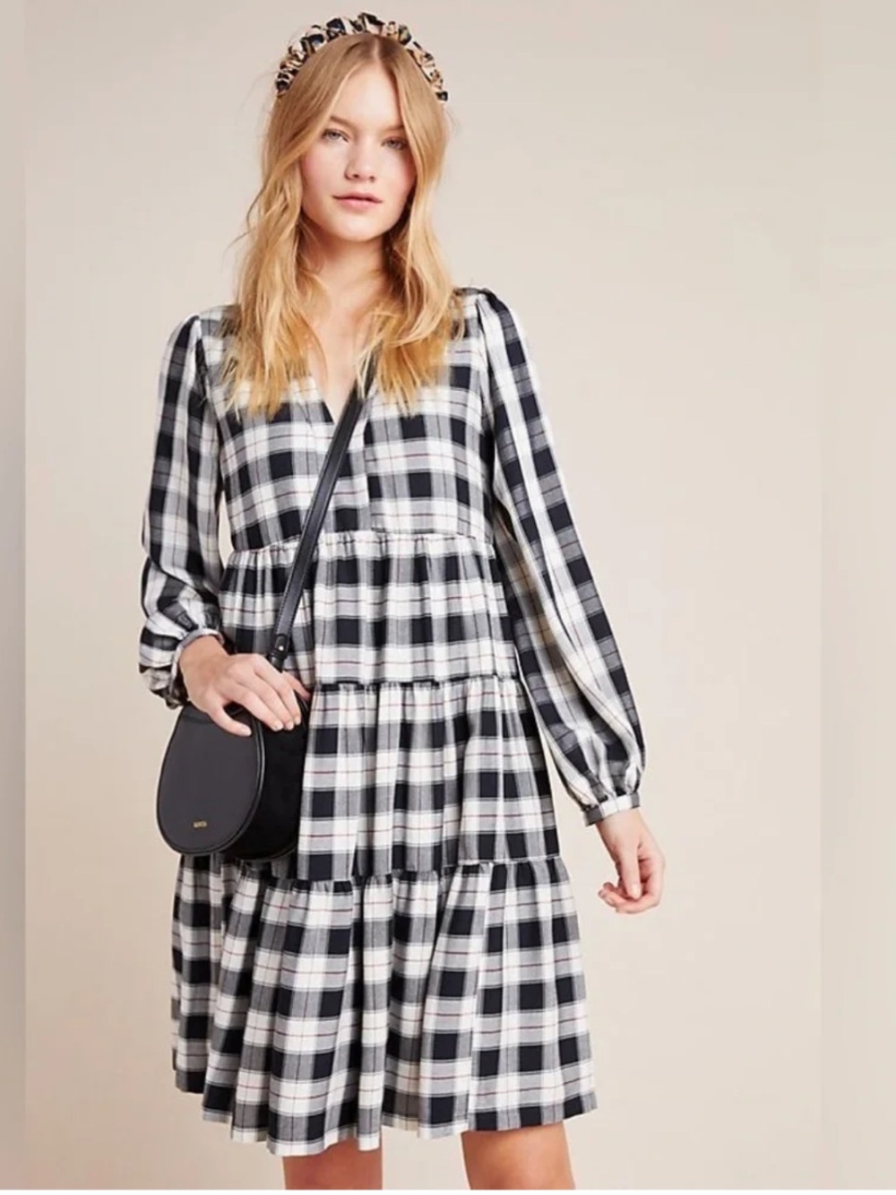 Anthropologie Maeve Amber Black Plaid Tired Dress size XS